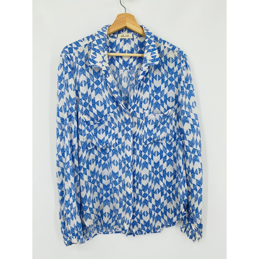Bella Dahl Button Down Women L Blue Geometric Rayon Long Sleeve Shirt B2893-338